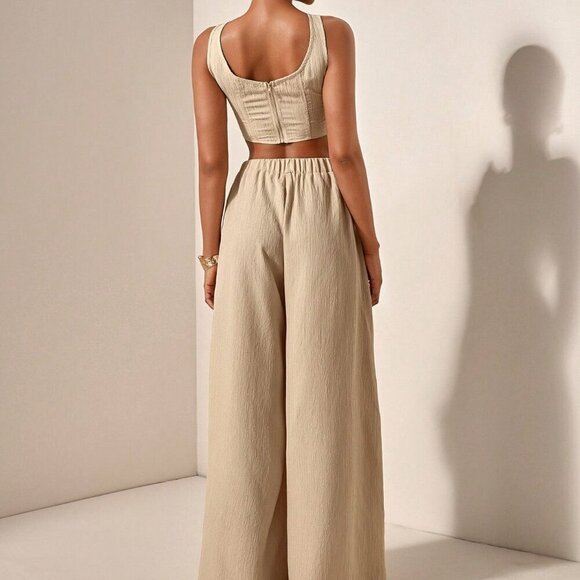 Khaki womens crop top & flowy wide legged pants textured fabric coord set - Picture 2 of 8